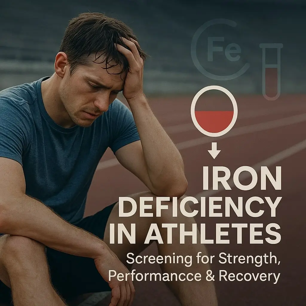 Fatigued male athlete sitting on a running track with graphics highlighting iron deficiency and screening importance for athletic performance.