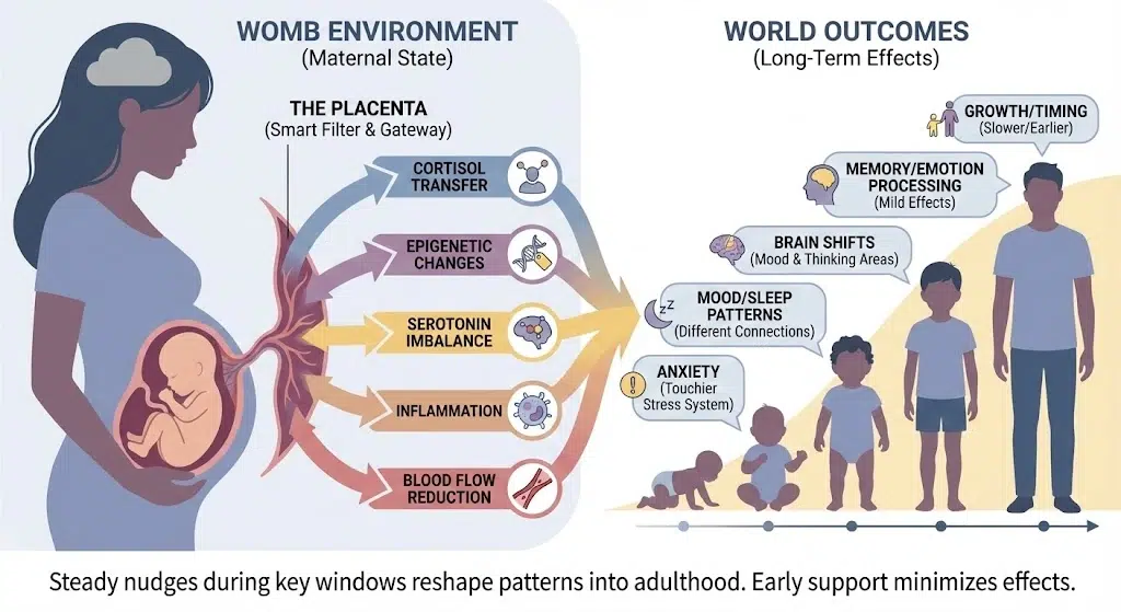 Infographic showing how maternal stress affects the placenta and may influence child development, mood, sleep, and long-term outcomes