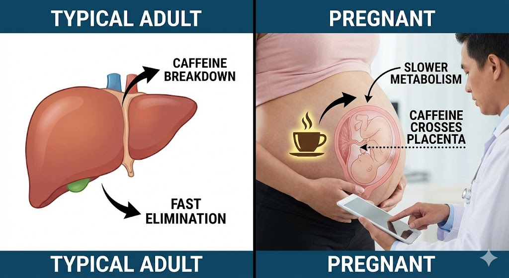 Graphic comparing caffeine metabolism in typical adults vs pregnancy, showing slower breakdown and caffeine crossing the placenta