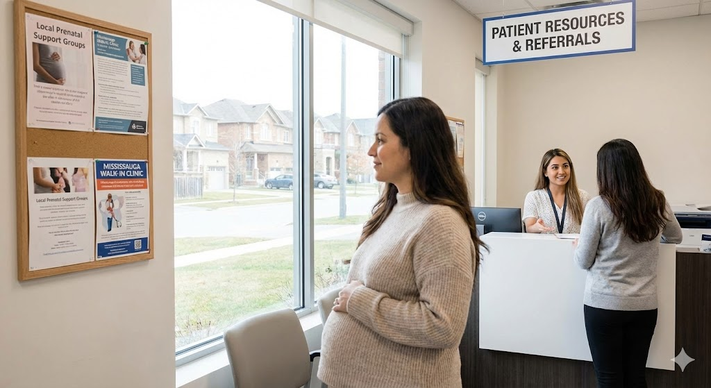 Pregnant woman visiting a Mississauga walk-in clinic reception desk with patient resources and referrals sign
