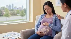 Pregnant woman at prenatal checkup with doctor support and fetal health illustration