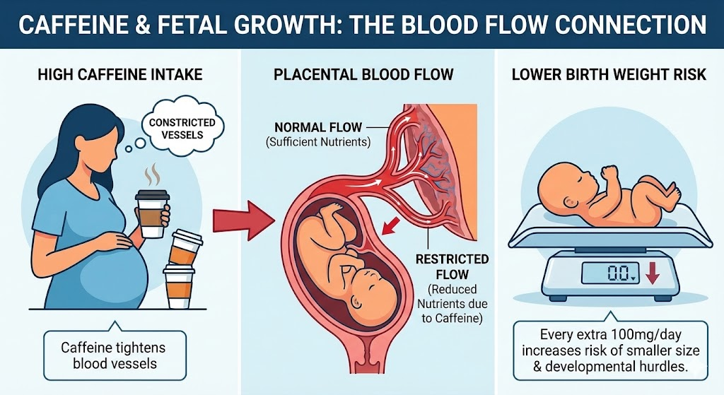 Infographic showing how high caffeine intake may restrict placental blood flow and increase risk of lower birth weight in babies